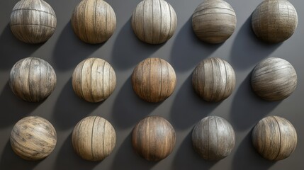 Wooden spheres with varied textures and shades on gray background