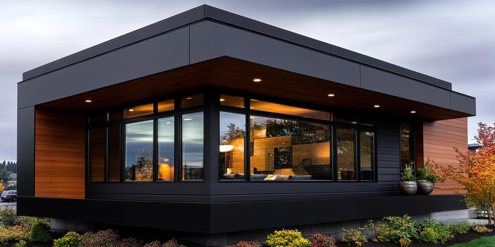 Urban Wood and Glass. Dark oak WPC cladding paired with black metal frame windows and a polished concrete base, creating a trendy urban aesthetic.