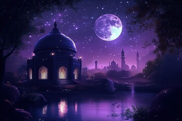 Obraz premium enchanted fairytale setting with dreamy fantasy night landscape featuring celestial beauty of full moon stars and ornate architecture surrounded by luminous foliage and tranquil lake