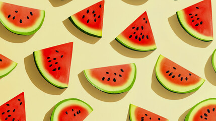 Fototapeta premium Seamless pattern featuring watermelon slices on a light yellow background.