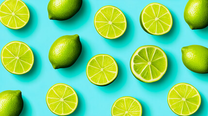 Fototapeta premium Seamless pattern featuring limes on a soft turquoise background.