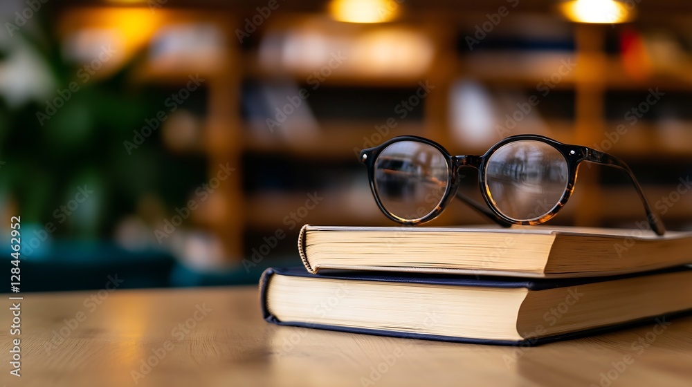 Poster A pair of stylish eyeglasses resting on stacked books in a cozy library setting : Generative AI