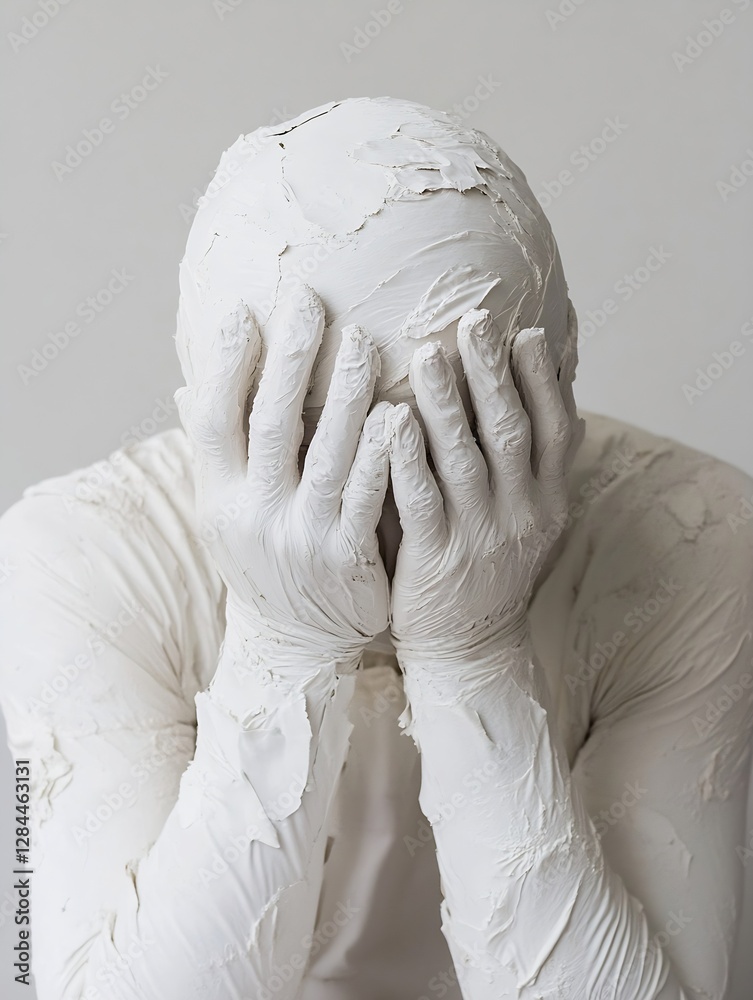 Poster a figure covered in white clay expressing deep emotions with hands on head : generative ai
