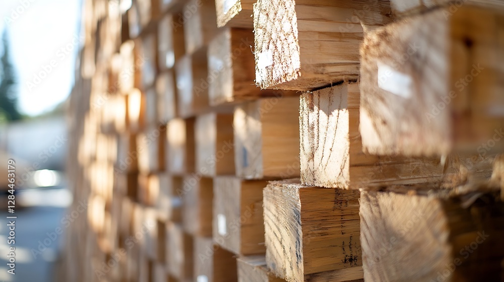 Aufkleber stacked wood logs in sunlight showcasing texture and craftsmanship perfect for construction and desi