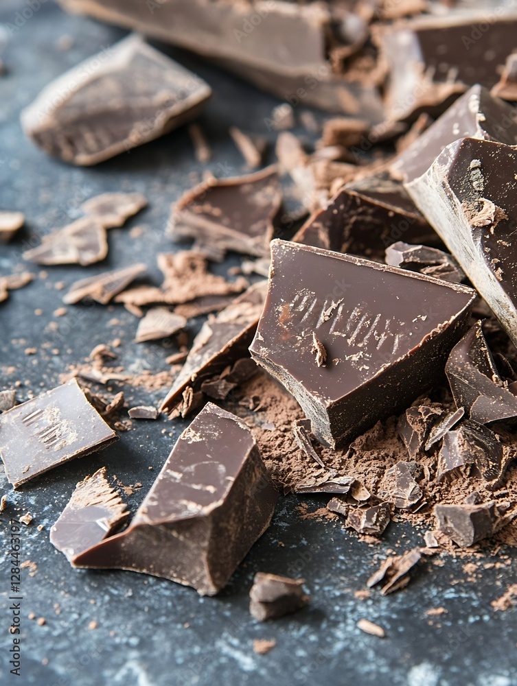 Poster delicious dark chocolate pieces scattered on a dark surface creating a tempting dessert composition 