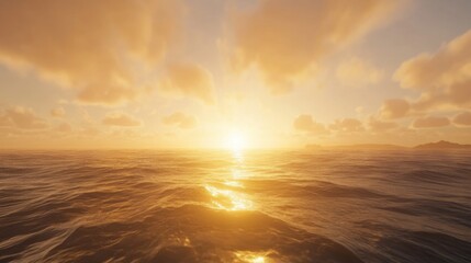 Golden sunset over tranquil ocean waters, creating a serene and peaceful atmosphere.