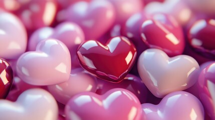 Fototapeta premium Colorful arrangement of glossy heart shapes in varying shades of pink and red, ideal for celebrating love and affection.
