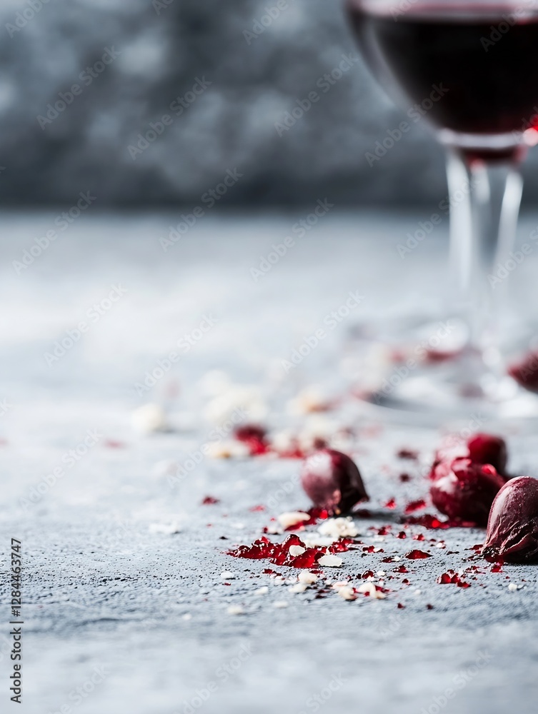 Poster creative composition featuring red wine glass and garnish on a textured gray background : generative