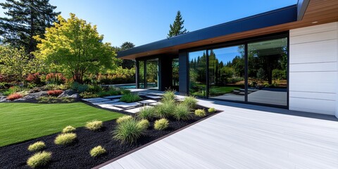 Coastal Modernity. Driftwood-inspired WPC cladding with soft blue-gray hues, complemented by whitewashed stone and large glass windows for a breezy, coastal feel.