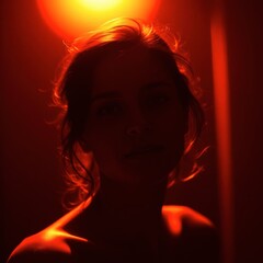 Woman Silhouette in Red Light Dramatic Portrait Mystery and Intrigue
