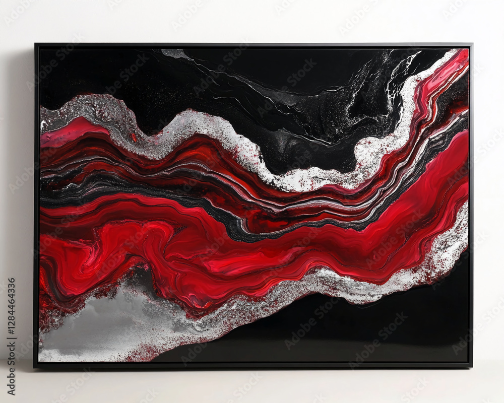 Aufkleber An abstract fluid art composition with vivid red, black, and silver flowing together, creating dynamic waves of color and texture that evoke energy and movement in modern art.