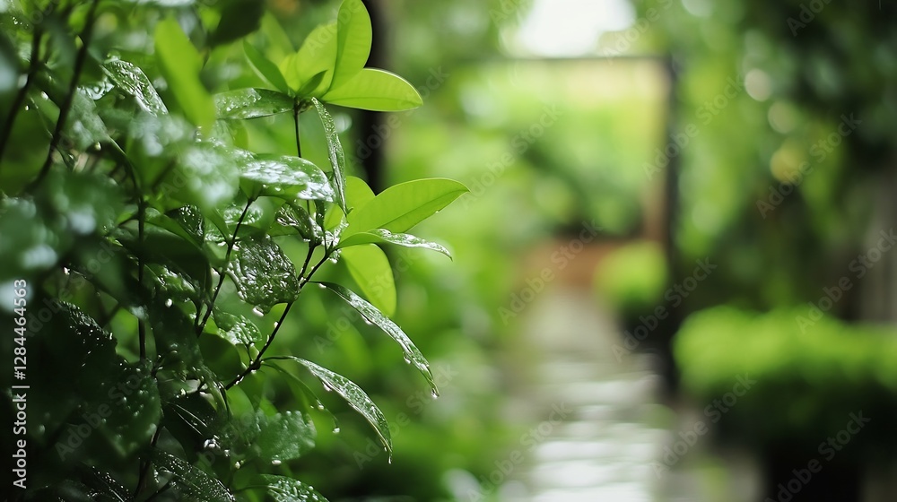 Poster Close up view of dew covered green leaves creating a fresh and serene atmosphere in a lush garden environment : Generative AI