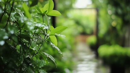 Close up view of dew covered green leaves creating a fresh and serene atmosphere in a lush garden environment : Generative AI
