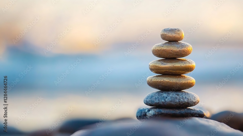 Poster arranged smooth stones stacked neatly on a beach with a blurred ocean backdrop conveying balance and