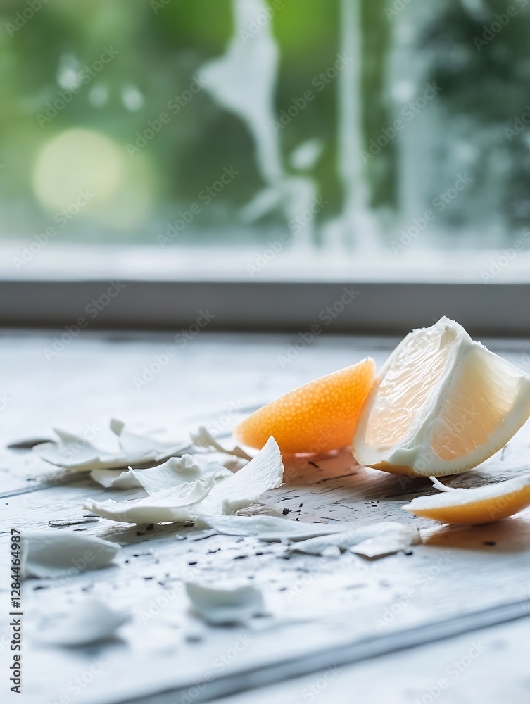 Poster Fresh Citrus Fruit and Broken Ceramic on a Rustic Kitchen Table : Generative AI