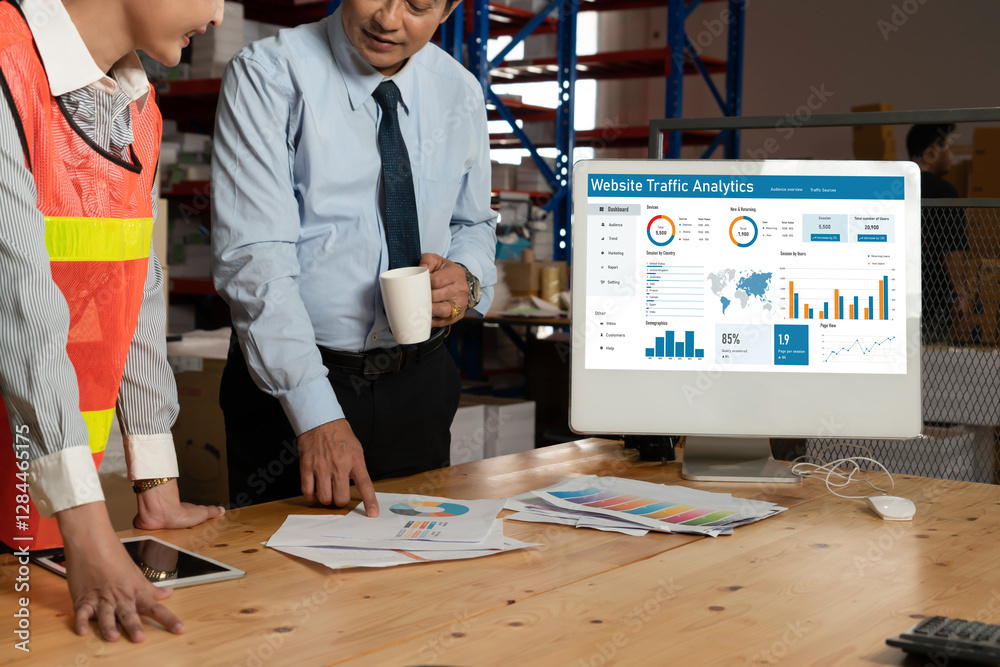 Poster computer software for website traffic analytics data on computer screen. concept of seo search engin