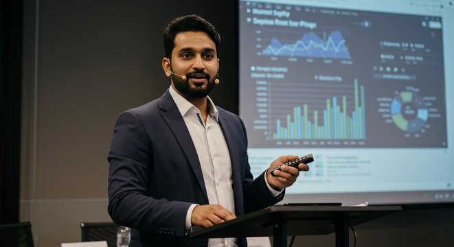Confident Indian Male Executive Leading Presentation with Interactive Data Visuals