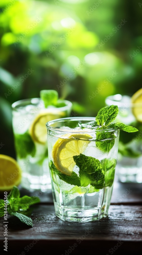 Poster refreshing drinks served with lime and mint in a lush green outdoor setting during summer. generativ