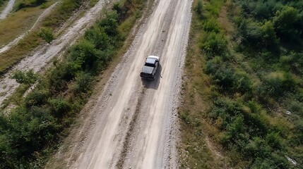 Aerial view of a rugged dirt road with a vehicle traveling through green terrain : Generative AI