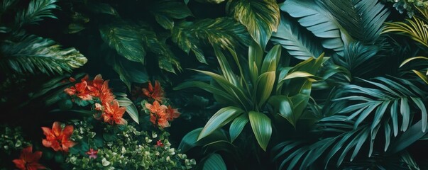 Lush tropical foliage with vibrant orange flowers in dense green jungle