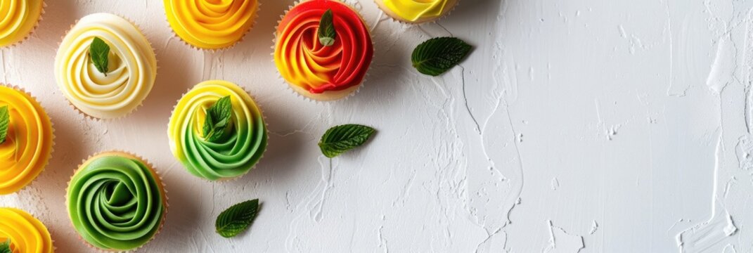 Zimbabwe Independence Day, festive cupcakes decorated with red yellow and green cream, horizontal banner, white background, copy space, free space for text