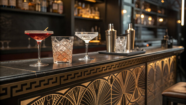Close-up of a 1920s speakeasy bar counter with classic cocktails. crystal glasses. and Art Deco patterns. moody lighting