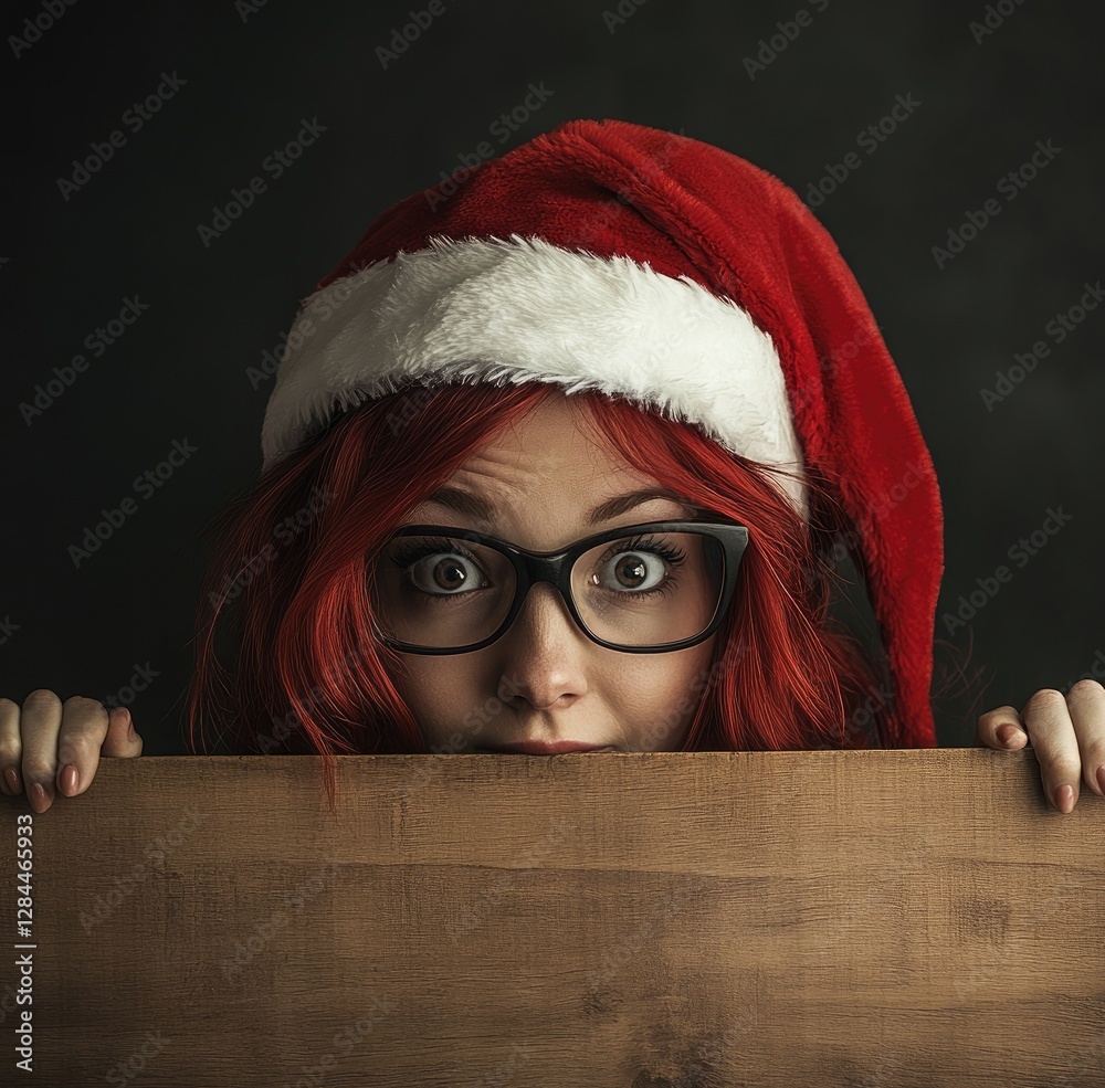 Wall mural A surprised woman with red hair, wearing black glasses and a Santa hat, peeks from behind the edge of an empty wooden board against a dark background