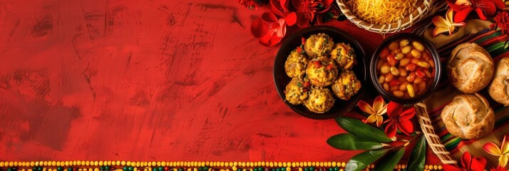 Zimbabwe Independence Day, festive dishes of national cuisine, horizontal banner, red background, copy space, free space for text