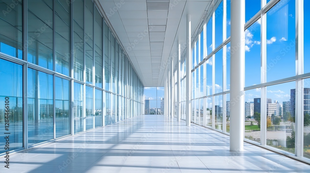Poster contemporary office space with expansive glass windows allowing natural light and showcasing modern 