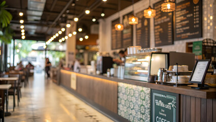 Fototapeta premium Blur Thai style interior restaurantBackground blurred couter coffee bar Resturant cafe cafe blurred background with bokeh.