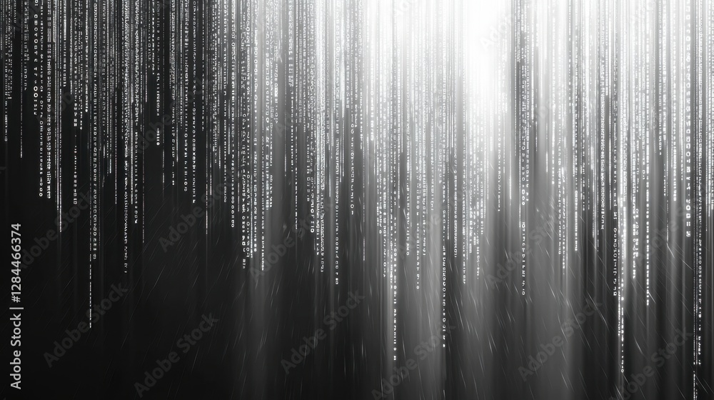  streams of binary code cascade downward, creating a mesmerizing effect in a dimly lit space. the int
