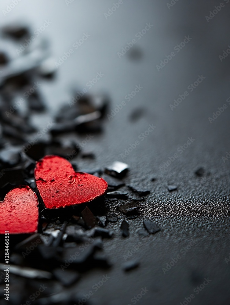 Fototapete close up of broken red hearts surrounded by dark shards on a textured surface : generative ai