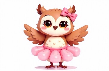 Cute cartoon owl in a ballerina costume with a fluffy pink skirt, with a beautiful decoration on her right ear like a bow, on a white backgroun