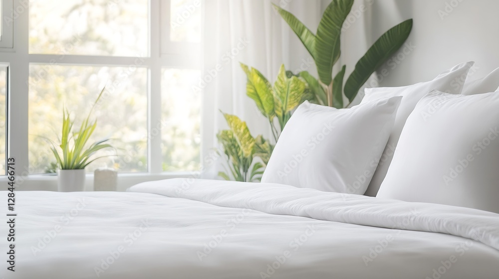 Poster cozy bedroom with white bedding and lush greenery in natural light creating a serene and inviting at