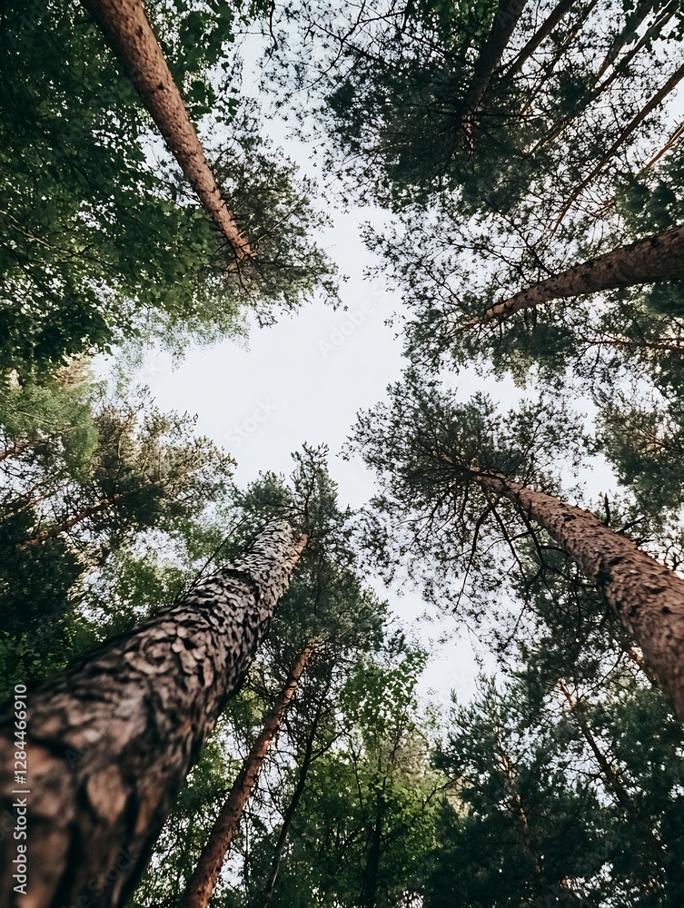 Poster majestic view of towering pine trees reaching towards the sky in a lush forest : generative ai