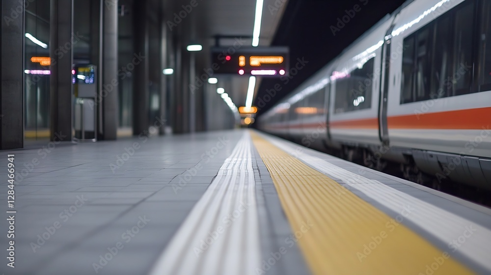 Poster modern train waiting at an empty platform illuminated by bright station lights at night : generative