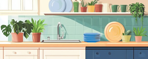 Modern kitchen counter with potted plants and colorful dishes for a vibrant interior design