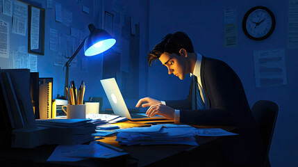 A person in business attire working late at a desk cluttered with papers, coffee cups, and a...
