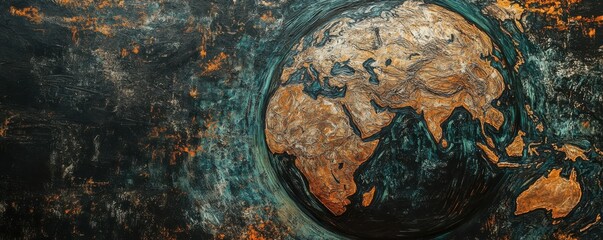 Textured abstract world map art with earth tones and metallic sheen