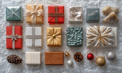 Festive gift boxes and ornaments on snowy surface