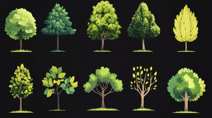Fototapeta premium A colorful collection of illustrated trees showcasing various shades of green and yellow against a dark backdrop.