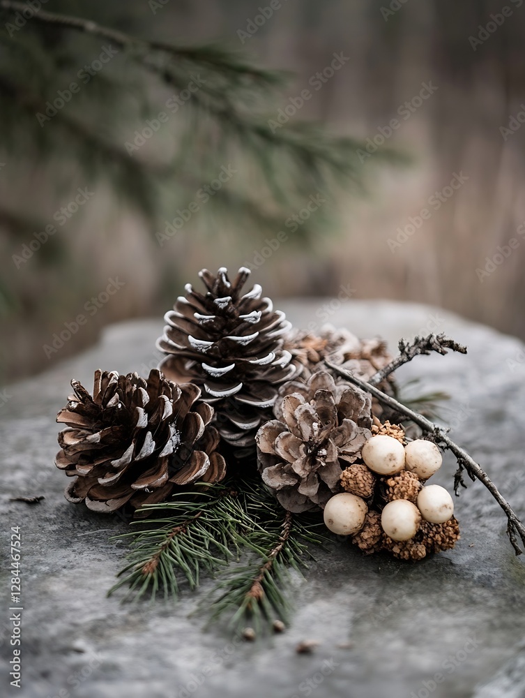 Aufkleber Artfully arranged pinecones and natural elements on a stone surface exuding rustic charm and beauty in a forested setting : Generative AI