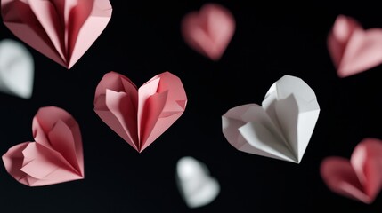 Colorful paper hearts in pink and white floating against a dark background, creating a whimsical and romantic atmosphere.