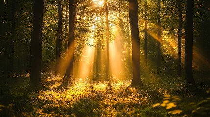 Fototapeta premium Golden Sunlight Piercing Through Mystic Woods
