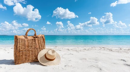 Beach Picnic Basket and Hat, Sunny Day, Tranquil Scene, Vacation
