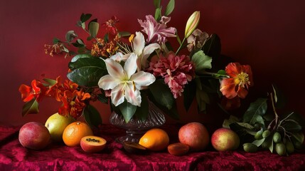 Vibrant floral arrangement with assorted fruits on red cloth