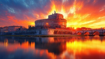 Rome's Mausoleum at Sunrise, City, River, Dramatic Sky