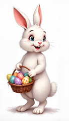 Cartoon Easter white bunny stands with an egg basket on a white background. the illustration is in pastel colors.