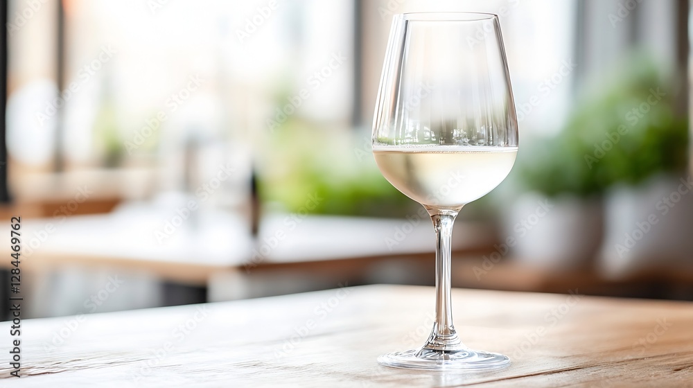 Poster elegant glass of white wine on a wooden table in a bright atmospheric setting : generative ai