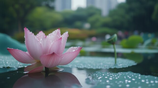 A serene pink lotus flower with water droplets, surrounded by lush green leaves in a tranquil pond.